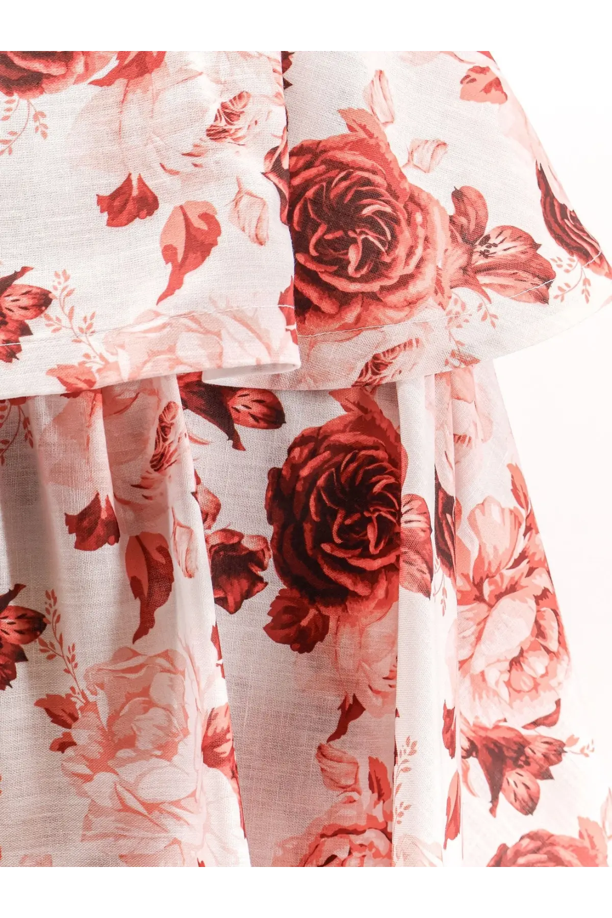 Actualee women’s flounced long skirt pink with flowing white fabric and vibrant deep red and soft pink floral ruffles