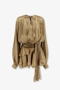 Actualee women’s flounced mini dress beige with flowing metallic gold satin blouse long sleeves and tiered ruffle hem