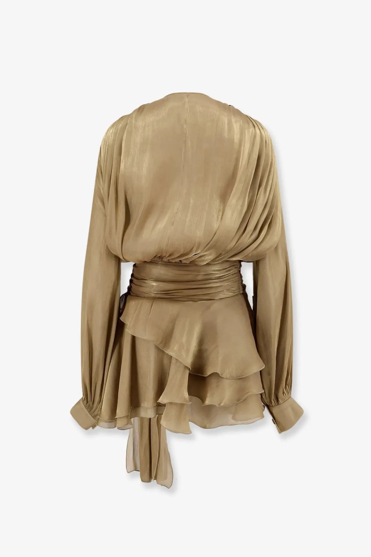 Actualee women’s flounced mini dress beige with flowing metallic gold satin blouse long sleeves and tiered ruffle skirt