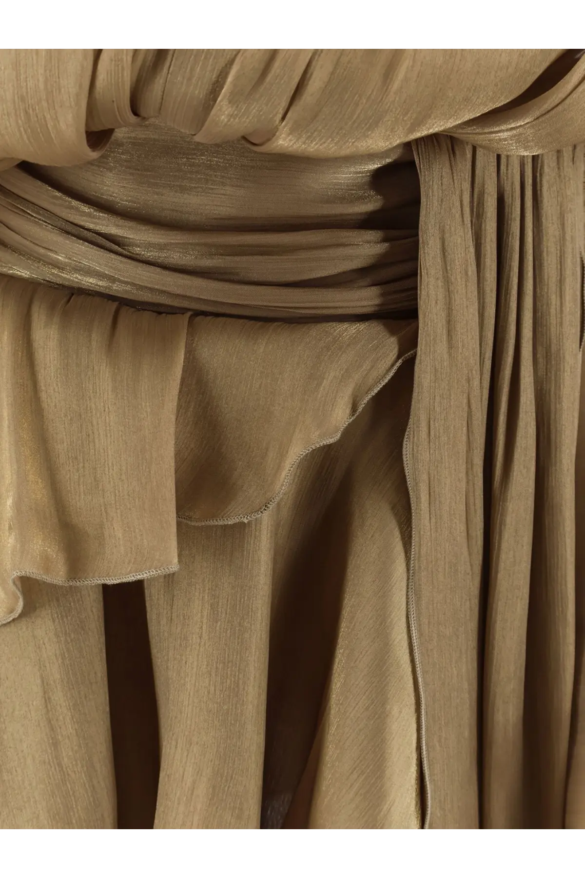 Actualee women’s flounced mini dress beige with metallic gold tone flowing fabric and draped ruffled design