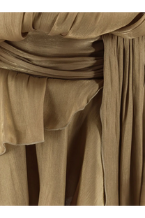 Actualee women’s flounced mini dress in beige metallic gold tone with flowing draped and ruffled design