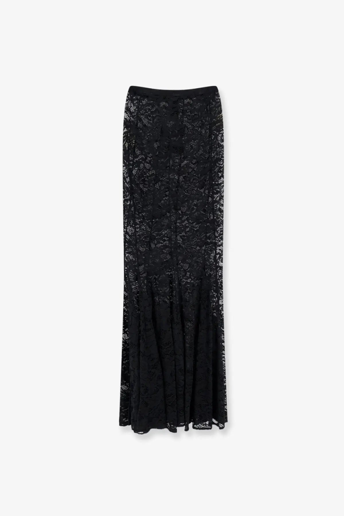 Actualee women’s black lace maxi skirt with fitted waistband and intricate flowing floral pattern design