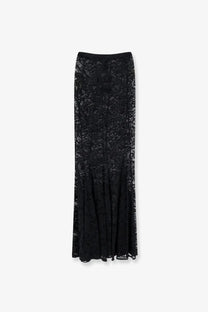 Actualee women’s black lace maxi skirt with fitted waistband and intricate flowing floral pattern design