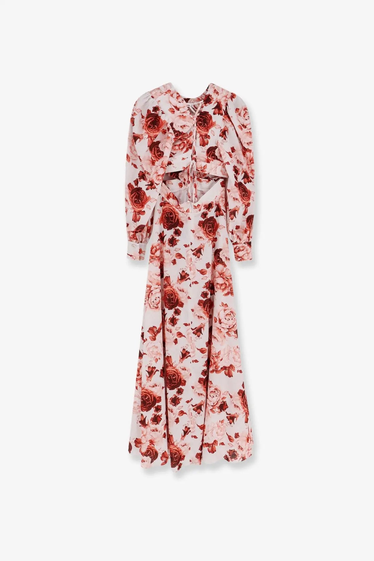 Actualee womens linen and cotton blend long blush pink midi dress with vibrant red rose print and back tie detail shown from back