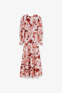 Actualee women’s linen and cotton blend long blush midi dress with long sleeves and intricate rose pattern in red and pink