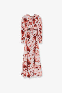 Actualee women’s linen and cotton blend long pink dress with long sleeves vibrant red rose print and back tie detail shown from back