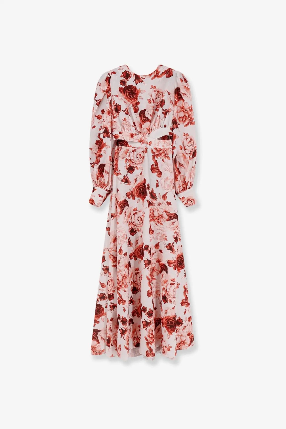 Actualee womens linen and cotton blend long dress in soft blush with intricate deep red and muted pink rose pattern