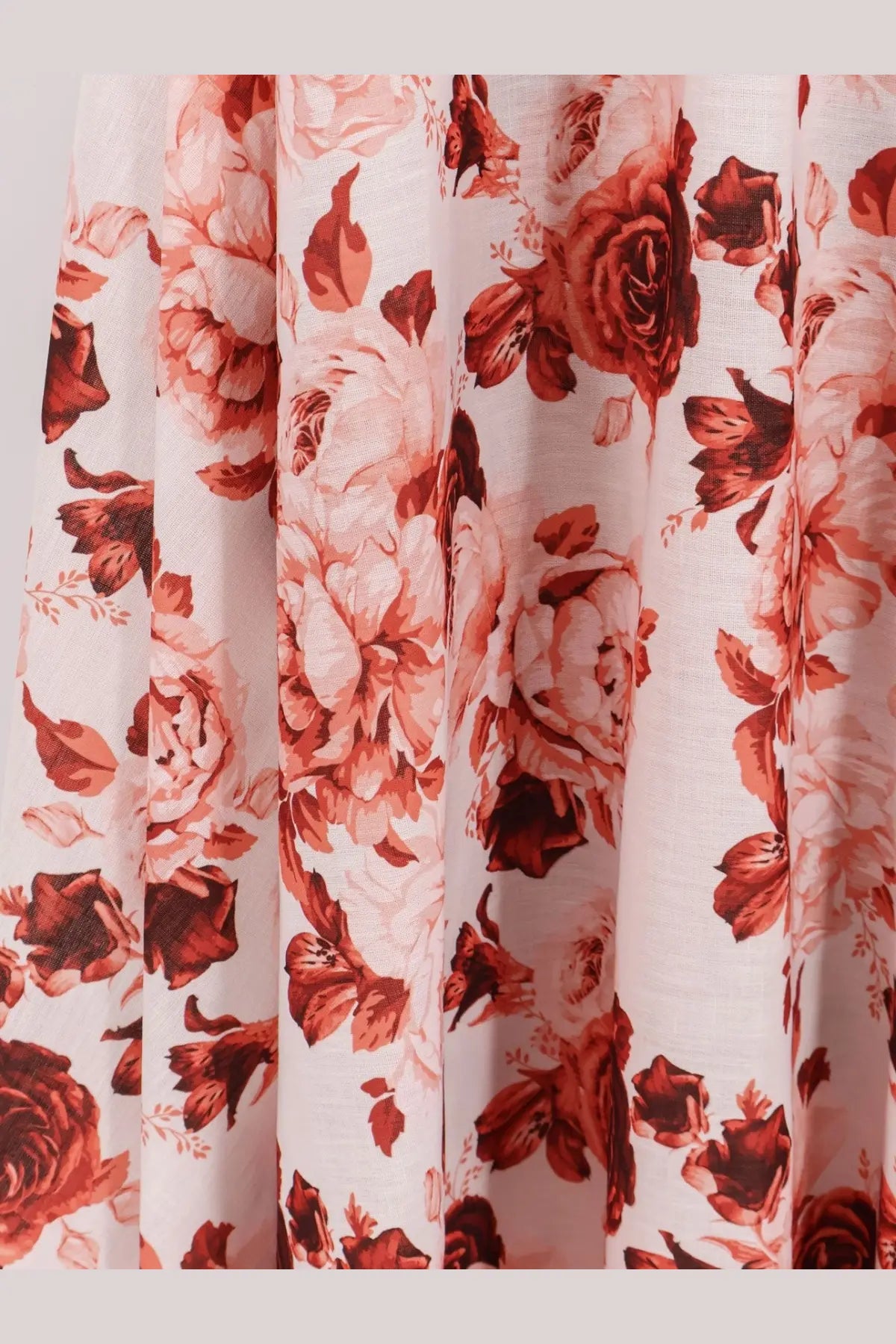 Actualee women’s linen and cotton blend long dress in white with vibrant deep red and soft pink rose floral pattern