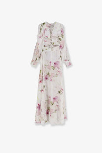 Actualee women’s linen and cotton long maxi dress in ivory with pink floral patterns and green accents