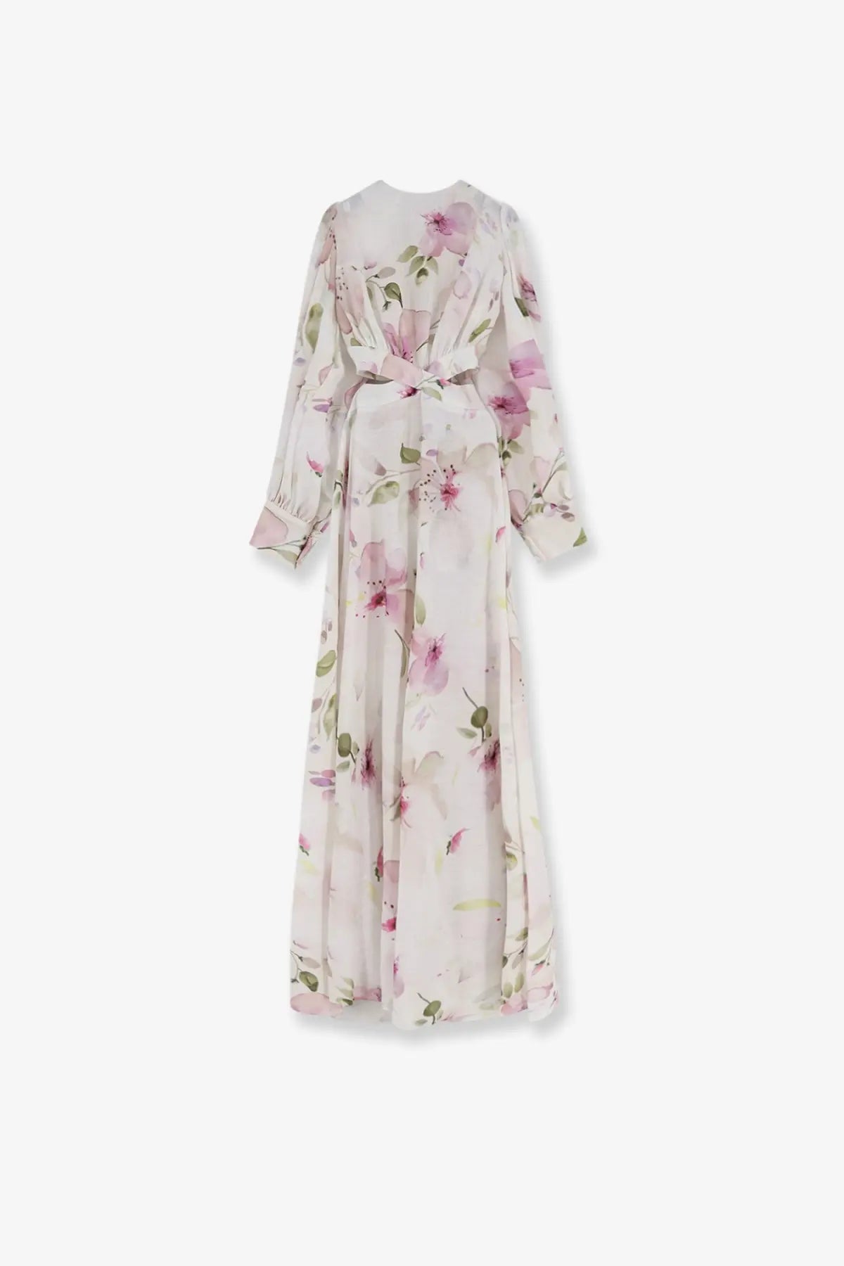 Actualee women’s linen and cotton long dress featuring a flowing cream base with pink and green floral patterns