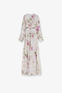 Actualee women’s linen and cotton long dress featuring a flowing cream base with pink and green floral patterns