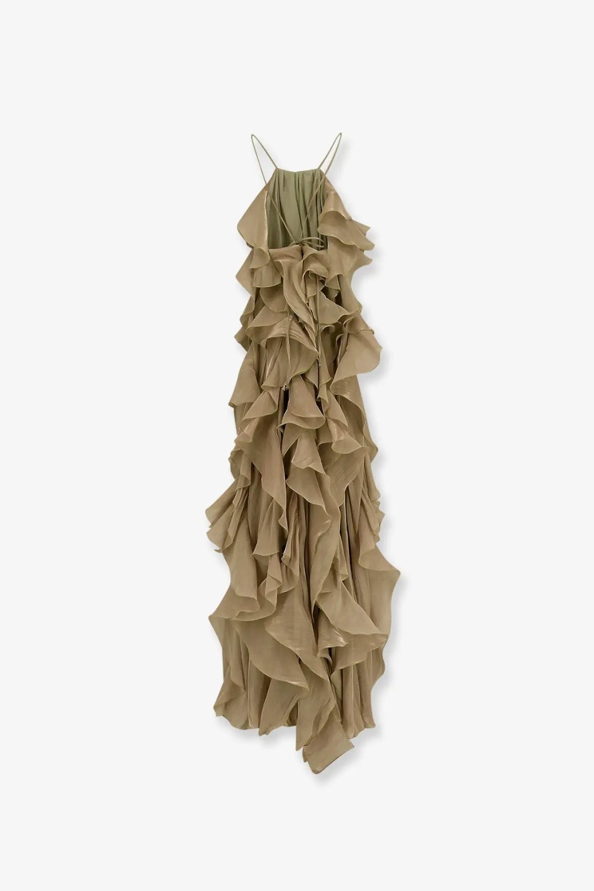 Actualee womens long beige dress featuring a flowing olive green ruffled maxi design with thin spaghetti straps and layers