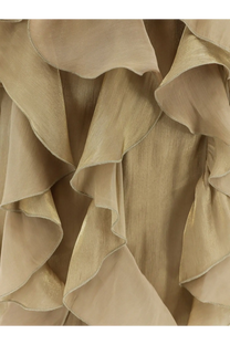 Actualee women’s long dress beige featuring beige ruffled fabric with subtle sheen and delicate edge stitching