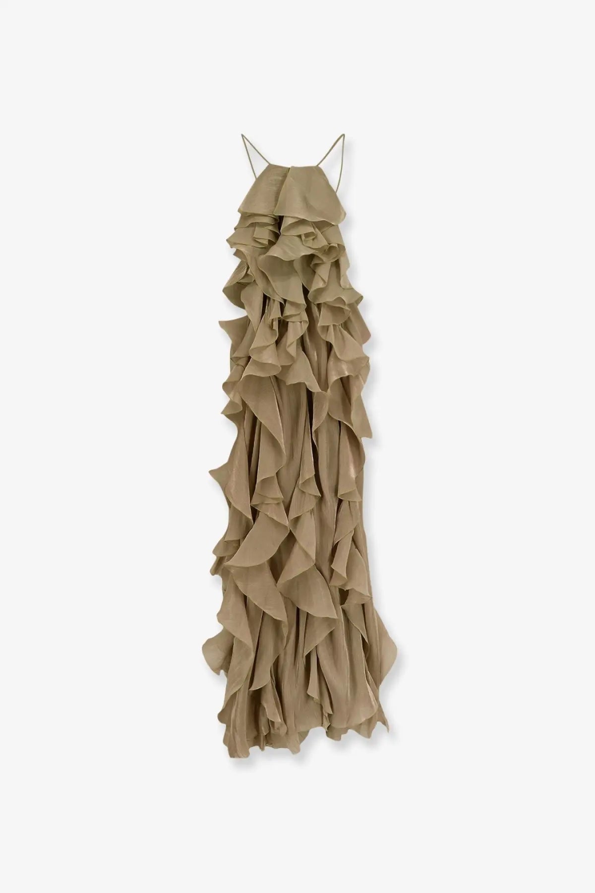 Actualee women’s long beige ruffled maxi dress with thin spaghetti straps and layered cascading design