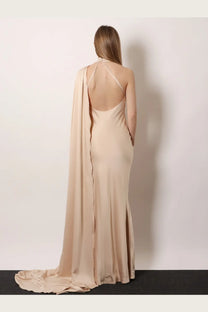 Actualee women’s long beige satin gown with delicate spaghetti straps and a flowing cape detail