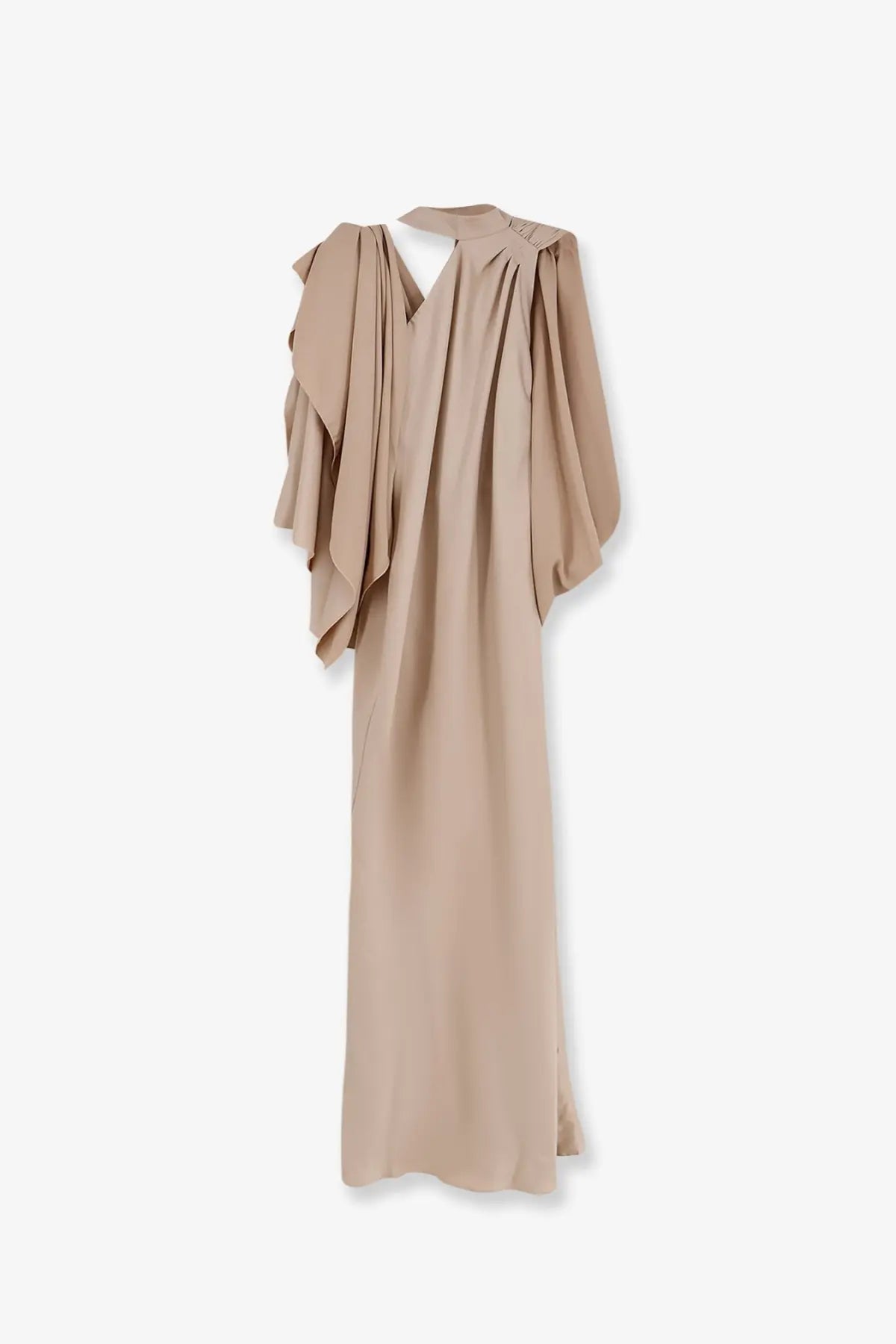 Actualee women’s long beige satin gown with draped asymmetrical sleeves and v-neckline