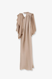 Actualee women’s long beige satin gown with draped asymmetrical sleeves and v-neckline