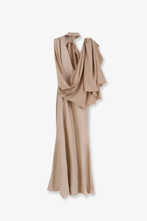 Actualee women’s long beige satin gown with draped asymmetrical shoulder detail for elegant occasions
