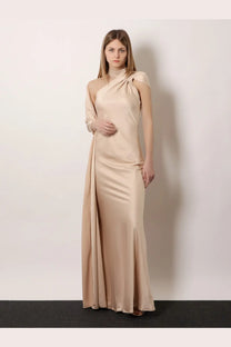 Actualee women’s long beige satin gown with draped one-shoulder design and high neckline