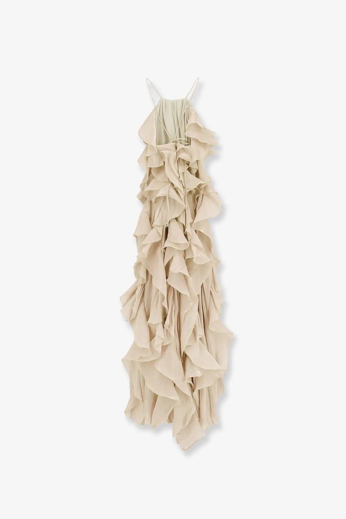 Actualee women’s long beige ruffled halter dress with thin straps and layered fabric for elegant occasions