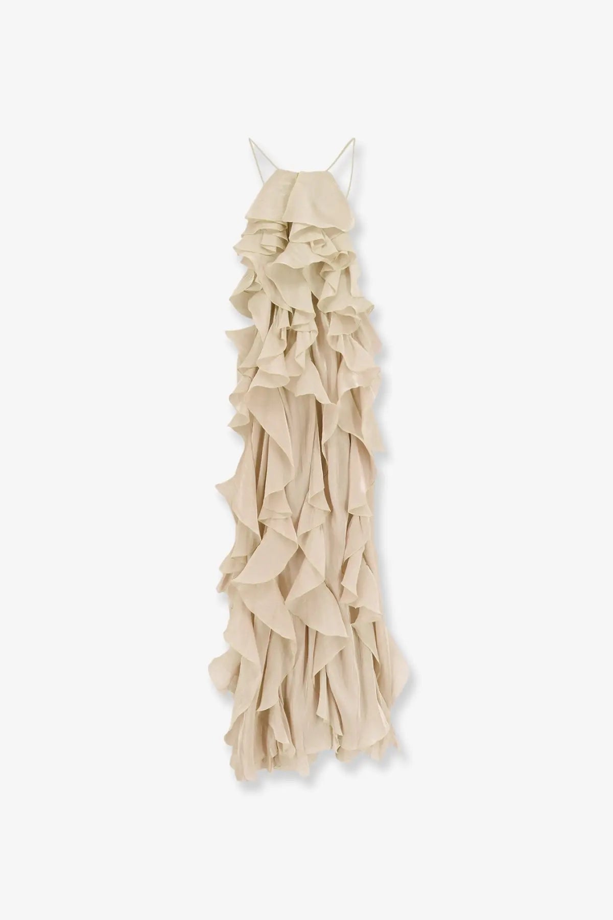 Actualee women’s long beige ruffled maxi dress with thin spaghetti straps perfect for elegant occasions