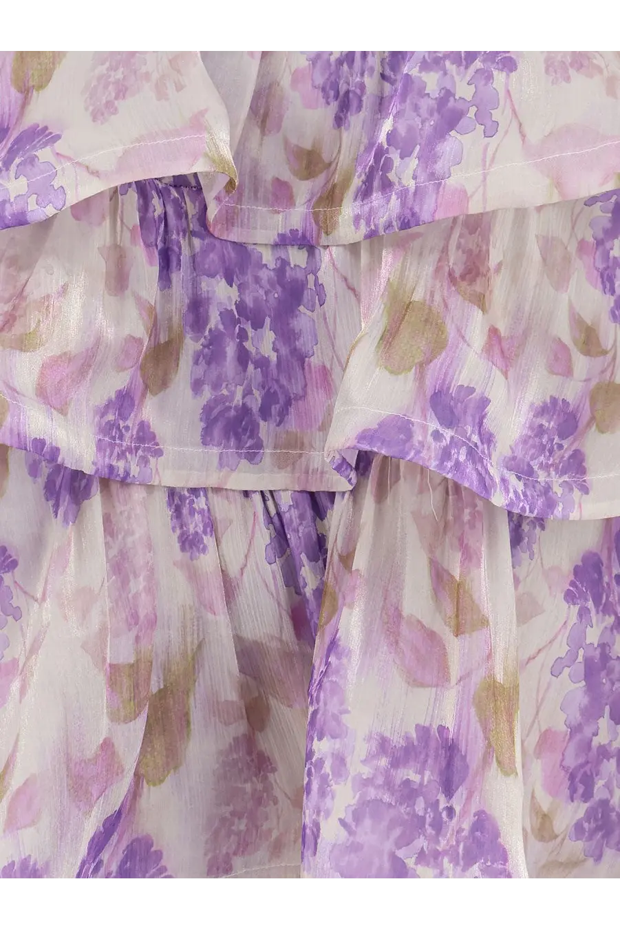 Actualee women’s ruffled long dress lilac with delicate lavender and gold floral print and layered ruffles