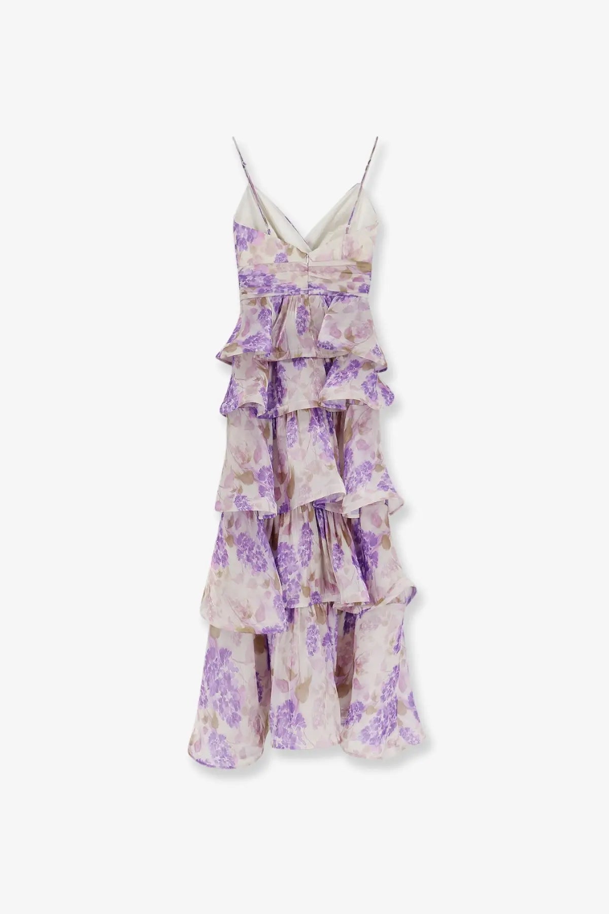 Actualee womens ruffled long dress lilac flowing lavender and beige floral tiered maxi with delicate spaghetti straps