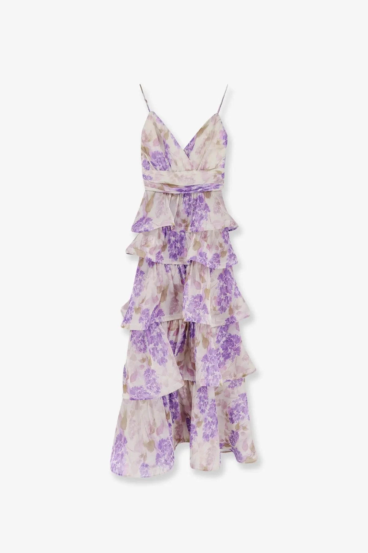 Actualee women’s ruffled long tiered maxi dress in flowing lilac and cream floral with delicate spaghetti straps
