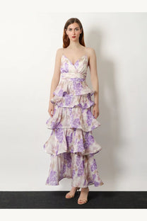Actualee women’s ruffled long dress in lilac featuring a flowing lavender and cream floral print with spaghetti straps