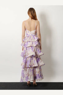 Actualee women’s ruffled long dress lilac flowing lavender and cream floral tiered maxi dress with delicate spaghetti straps