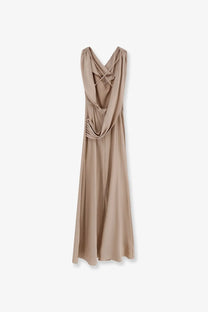 Actualee women’s satin long dress beige flowing gown with draped cross back and subtle ruching at the waist back view