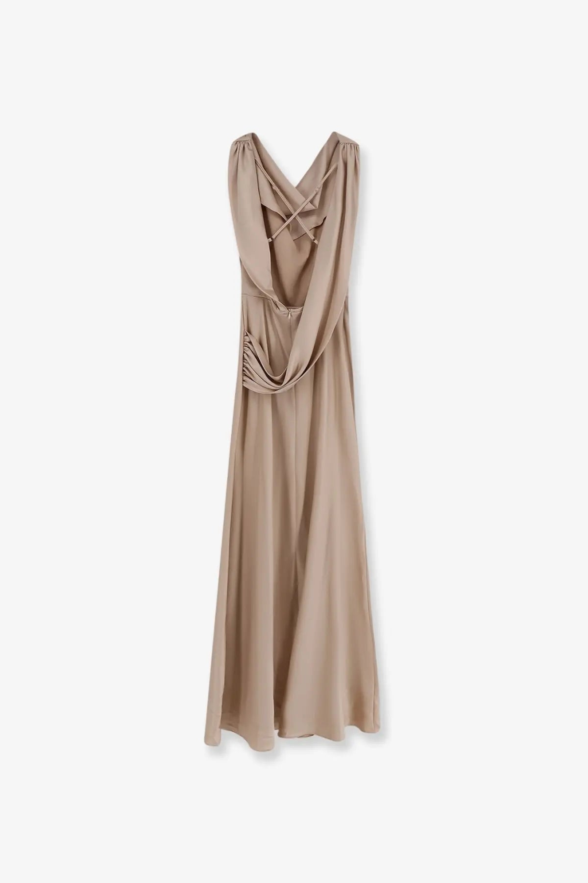 Actualee women’s satin long dress beige showing back with flowing fabric draped cross-back and ruching at waist
