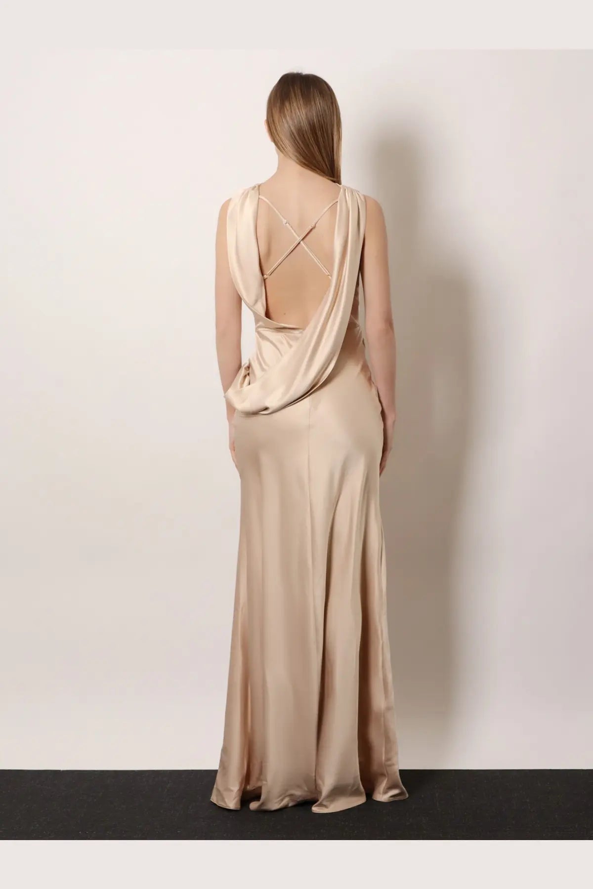 Actualee womens satin long dress beige flowing satin gown with draped cross-back design shown from the back