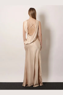 Actualee womens satin long dress beige flowing satin gown with draped cross-back design shown from the back