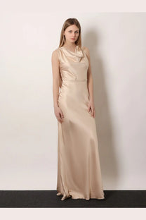 Actualee women’s satin long dress beige features a sleek floor-length design with a draped neckline and fitted waist
