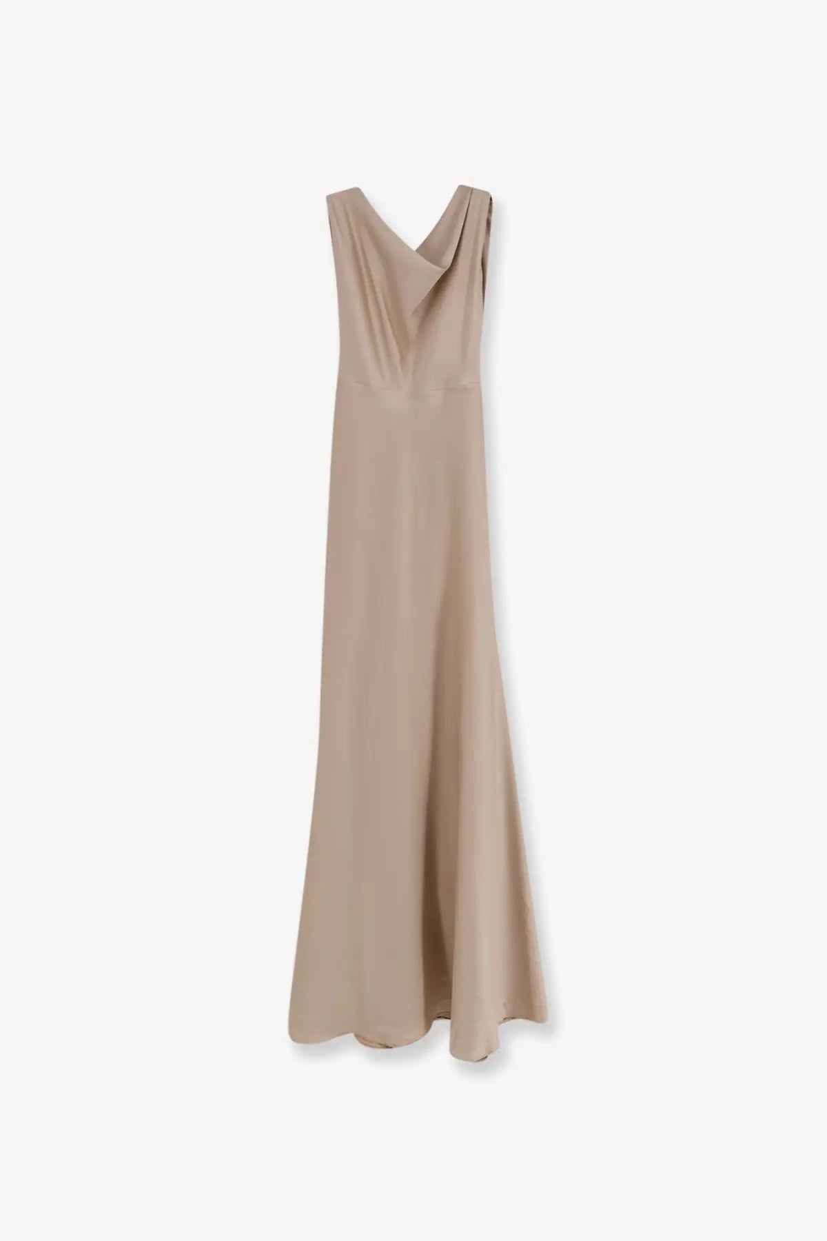 Actualee women’s satin long dress beige with a flowing sleeveless design and draped v-neckline in smooth fabric