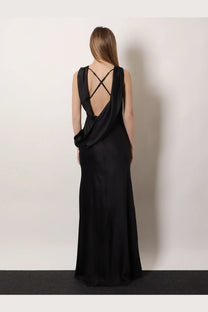 Actualee women’s satin long dress black showing back side with sleek crisscross detail and flowing draped fabric