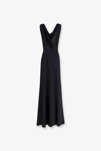 Actualee women’s satin long dress black with a sleek sleeveless design and draped cowl neckline