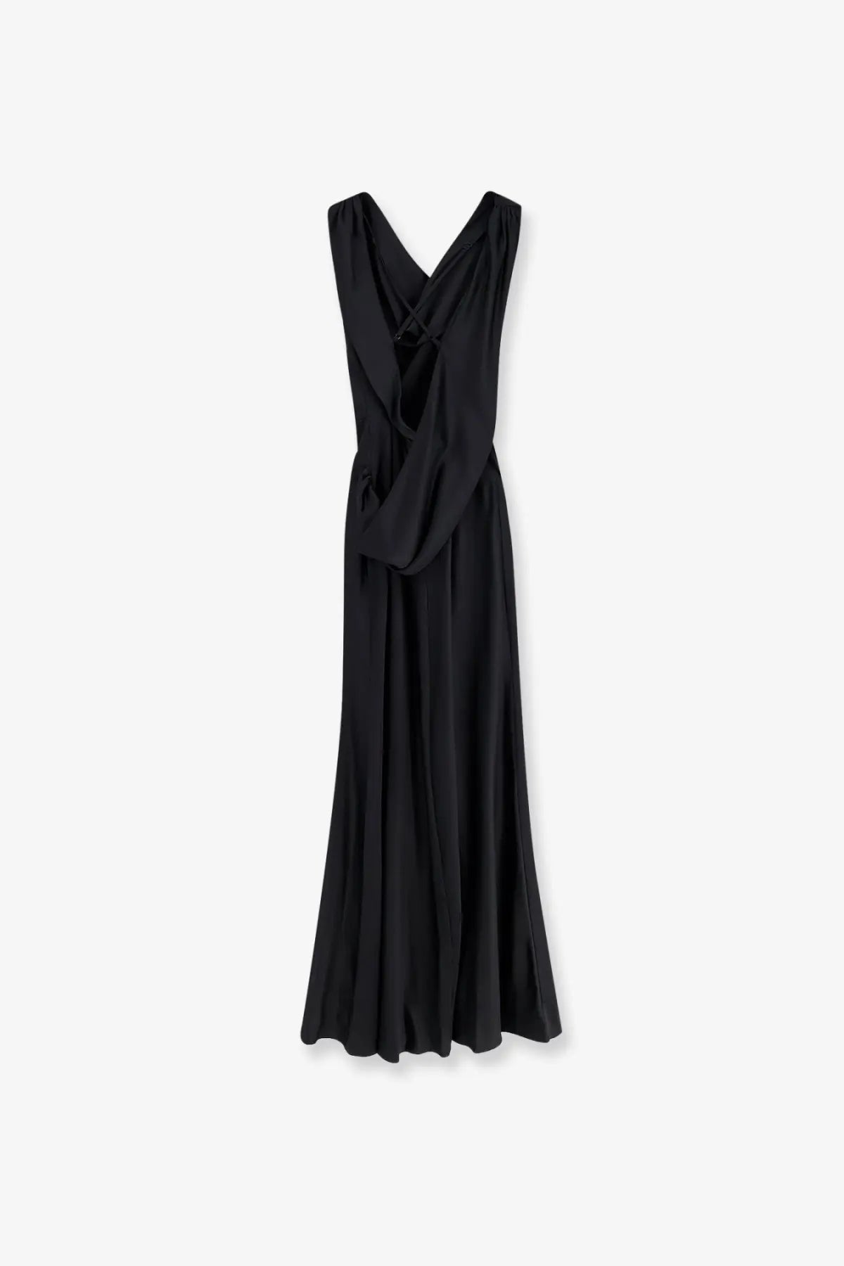 Actualee women’s black satin long dress featuring a sleeveless design and draped v-neckline in flowing fabric