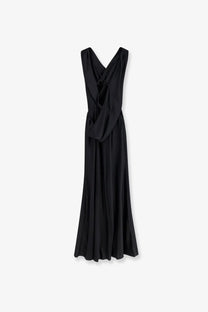 Actualee women’s black satin long dress featuring a sleeveless design and draped v-neckline in flowing fabric