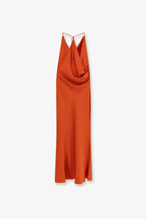 Actualee women’s satin long dress orange with rust-orange color, draped cowl neckline, and thin spaghetti straps