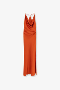 Actualee women’s satin long dress in rust orange with a draped cowl neckline and thin spaghetti straps