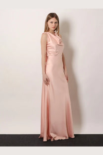 Actualee women’s satin long dress pink with flowing sleeveless design and draped neckline in smooth elegant silhouette