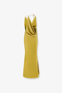Actualee women’s satin long dress yellow with a sleek mustard yellow color draped neckline and side slit
