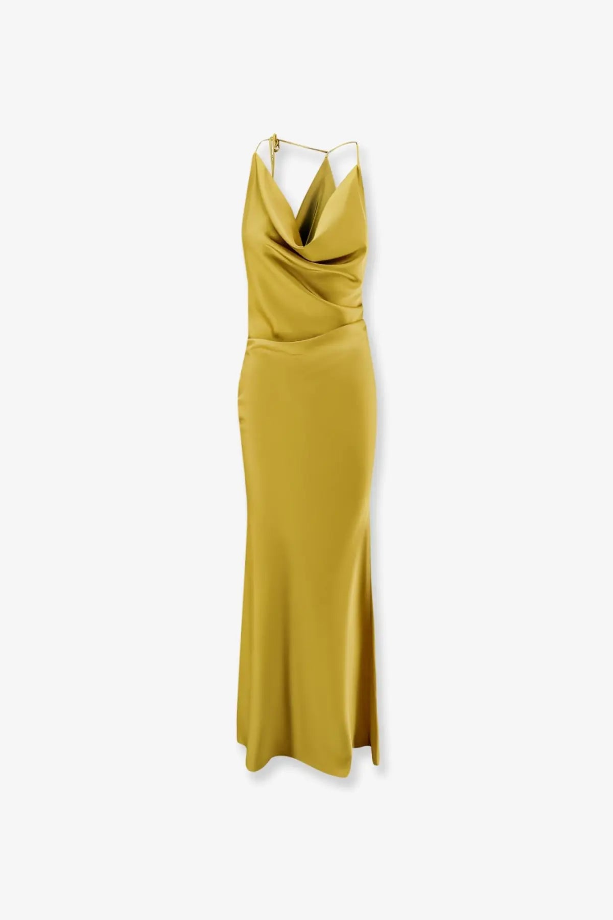 Actualee women’s satin long dress yellow in sleek mustard with draped cowl neckline and thin spaghetti straps