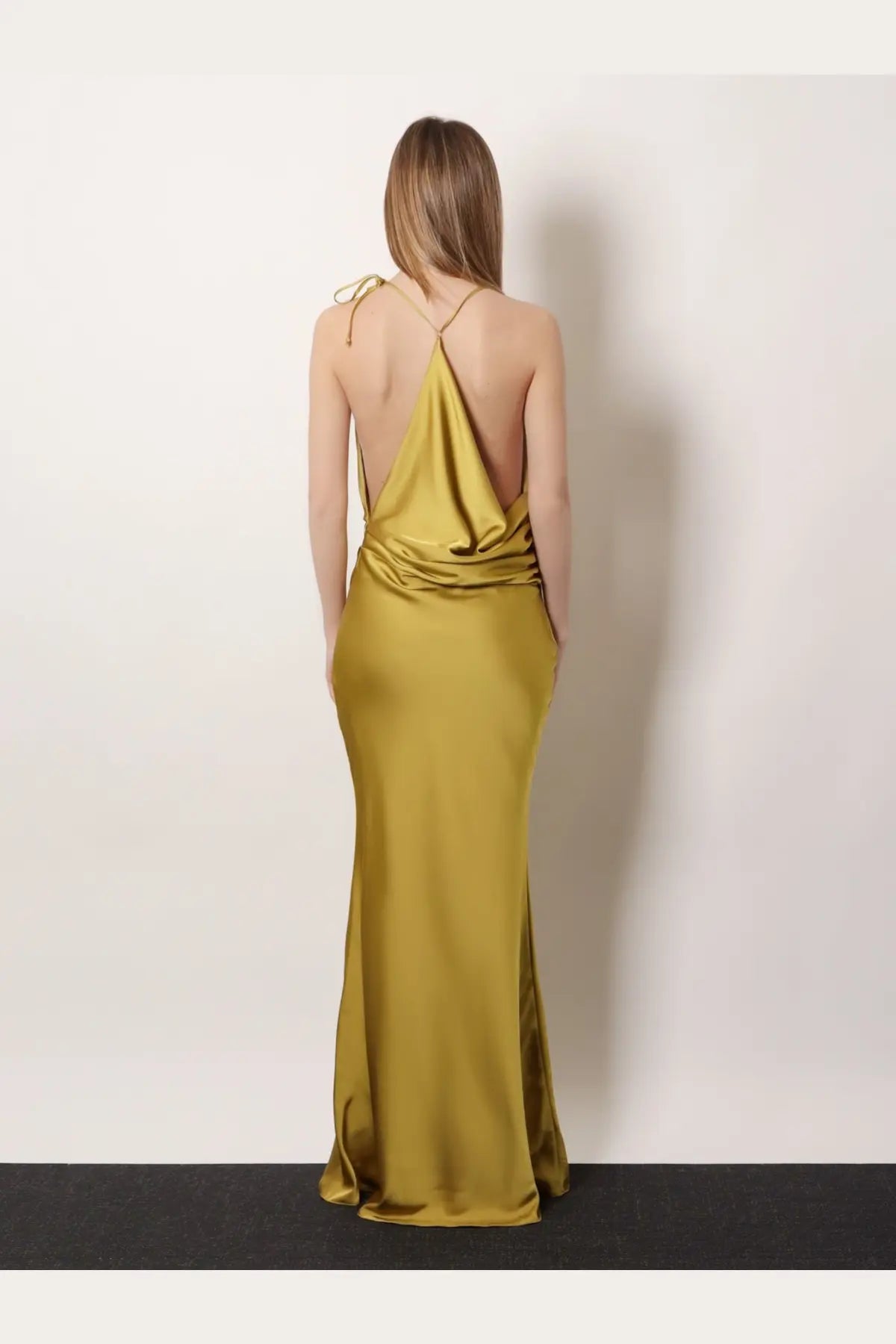 Actualee women’s satin long dress yellow in sleek mustard with draped back and thin shoulder straps shown from back view