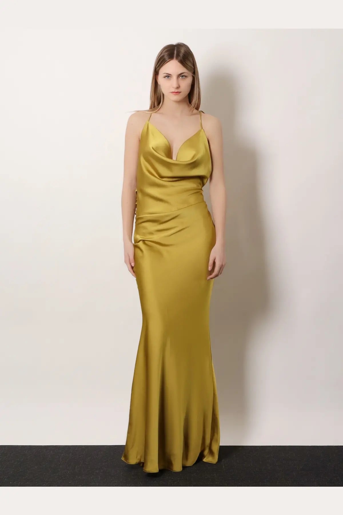 Actualee women’s satin long dress in olive green with a plunging neckline and fitted silhouette