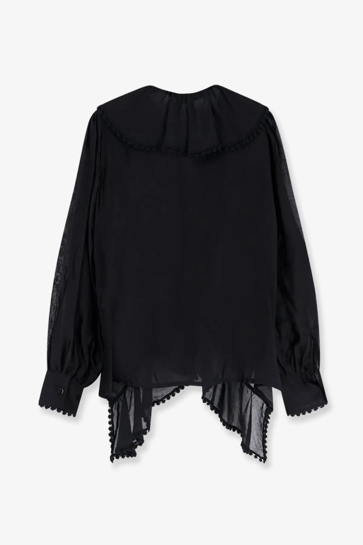Actualee women’s black sheer blouse with ruffled collar and scalloped hem made of lightweight fabric