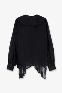 Actualee women’s black sheer blouse with ruffled collar and scalloped hem made of lightweight fabric