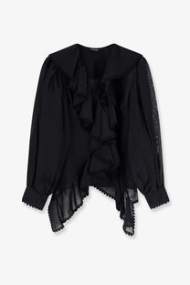 Actualee women’s shirt black sheer blouse with ruffled detailing and lace trim on the sleeves